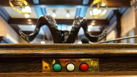 Los botones de votación en el escritorio del Presidente de la Cámara, que dicen a favor, abstenerse, en contra.