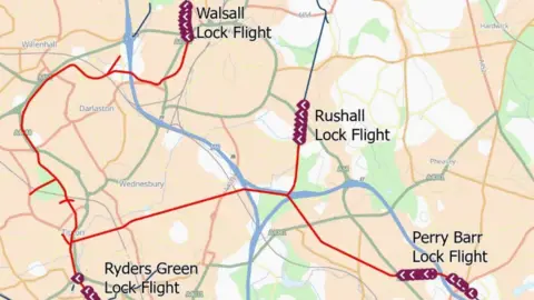 Walsall Council Map of the affected areas of the West Midlands canal network showing  Walsall Lock Flight to the north with Rushall Lock Flight to the south east of that and Perry Barr Lock Flight further to the south east. West of Perry Barr is Ryders Green Lock Flight