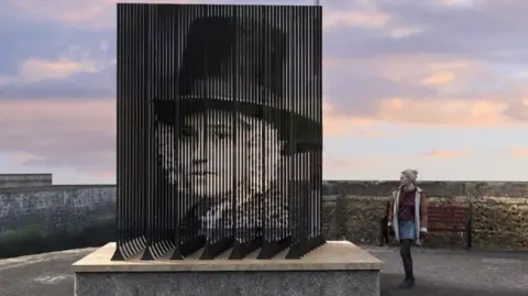 Sebastien Boyesen Design | Cymru-Ohio 2021 Artist's impression of the design showing vertical strips of metal that combined show the face of a young woman