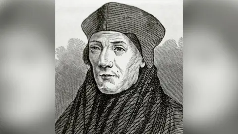 A black and white drawing of the Bishop of Rochester, John Fisher, from the Tudor era. He is wearing robes that reach up to cover his neck and a bishop's mitre (hat), which is low with peaks in the middle and at the sides.