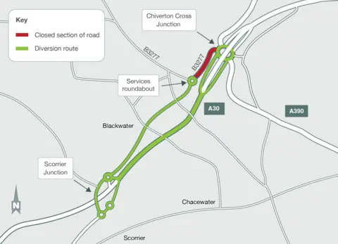 National Highways A map showing the diversion route marked in green