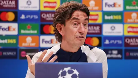 Thomas Frank, head coach of Tottenham Hotspur, speaks to the media during a press conference.