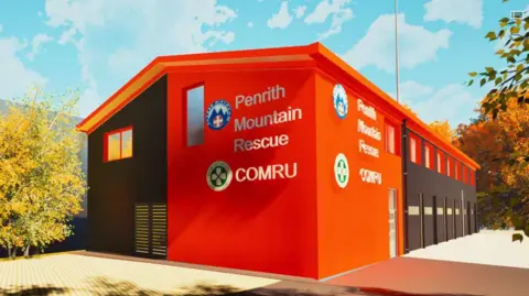 An artist's impression of the rescue centre. It is a long, orange two-storey building. A sign on the front reads: "Penrith Mountain Rescue [and] COMRU."