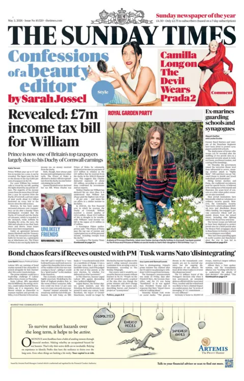 "Revealed: £7m income tax bill for William," reads the headline on the front page of the Sunday Times.