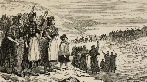 Getty Images An illustration showing women and children in Lewis in the Western Isles shouting and waving their arms at police in the distance.