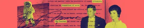 A think peach coloured banner promoting the In History newsletter with typewritten font in the background and images of an astronaut and John F Kennedy and Jackie Kennedy in black and yellow.