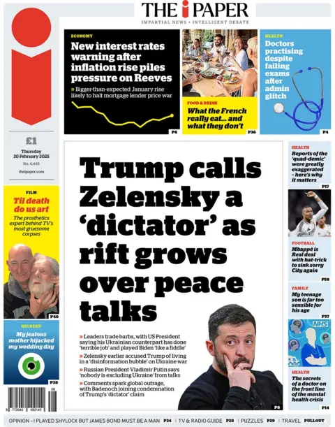 The i newspaper headline reads: Trump calls Zelensky a 'dictator' as rift grows over peace talks