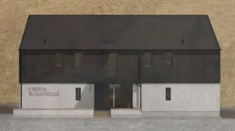 WT Architecture A computer generated image of the Crook Bunkhouse a building half in white stone and half in darker wood and tiles
