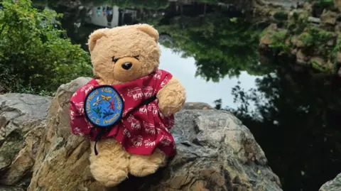 Intrepid Travel A brown teddy bear toy wearing a red t-shirt with white elephants on it sits on a rock by a pond. The bear also has a blue fabric badge with Hertford Vale school logo on it.