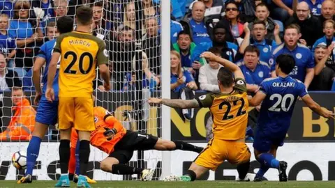 Getty Images Shinji Okazaki scores for Leicester against Brighton