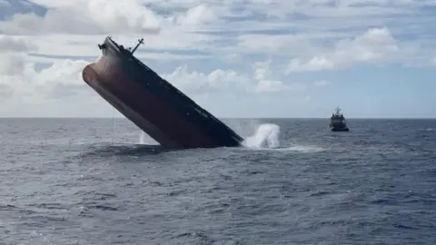 Reuters A part of the Japanese-owned bulk carrier MV Wakashio that ran aground off Mauritius is pictured during a planned sinking of the stem section of the vessel, August 24, 2020.