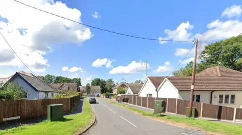 An "Oak Avenue" signpost can be seen to left on a grass verge. There is a road down the middle with homes on both sides and at the end. Wooden fences line each side.