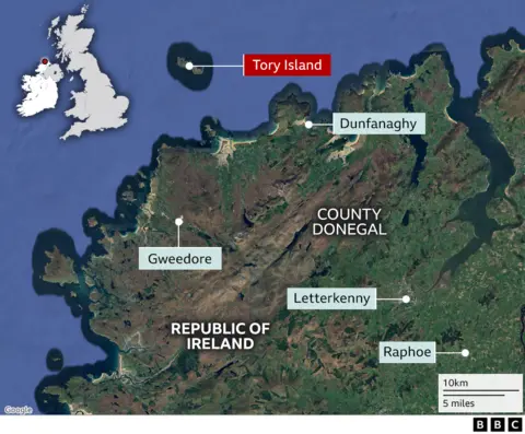 A satellite map of the area, showing County Donegal, its coastline and Tory Island.