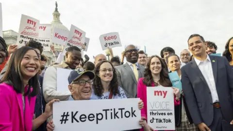 Getty Images TikTok content creators protest against a potential ban outside the US Capitol
