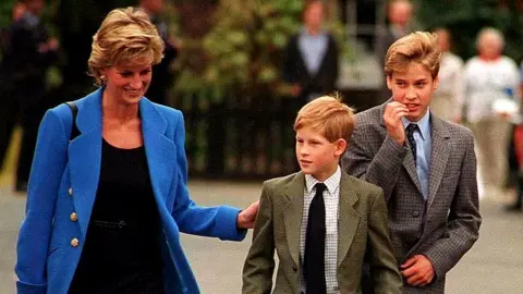 Getty Images Diana, Princess of Wales, takes Harry and William to school, 1995