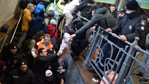 Getty Images Refugees at Lviv train station