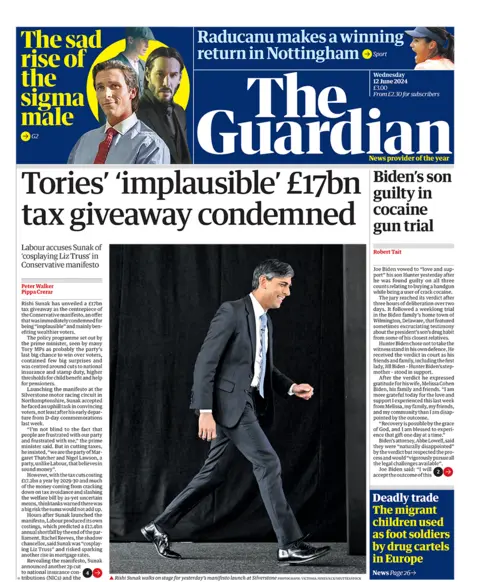 Guardian headline reads: "Tories’ ‘implausible’ £17bn tax giveaway condemned"