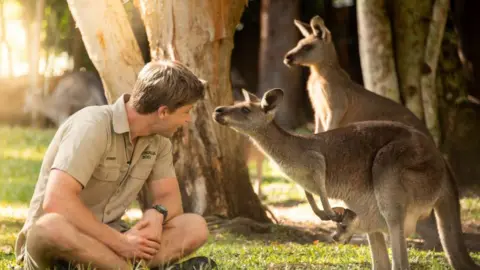 Robert Irwin with kangaroos with one holding joey Cwtch in its pouch.