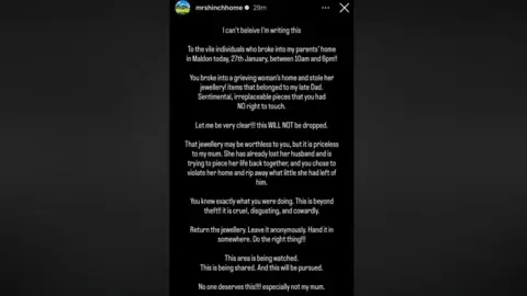 Mrs Hinch Home/Instagram A statement Mrs Hinch posted on social media. The screen is black with white writing.
The writing is urging the thieves to give the items back. 