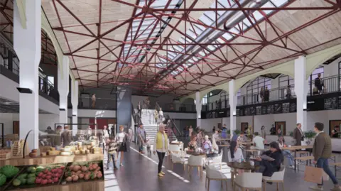 High Peak Borough Council An artist's impression shows the market hall after its transformation, with a metal roof, white walls, and black first-floor balcony area.