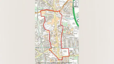 Durham Police A map of Chester-le-Street town centre. A red line has been drawn around the area covered by the dispersal order. It includes Front Street, the cricket grounds and Market Place.