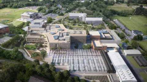 Secchi Smith A CGI image showing an aerial view of what the site could look like. The group of buildings includes a glasshouse and a large laboratory. The site has been landscaped.