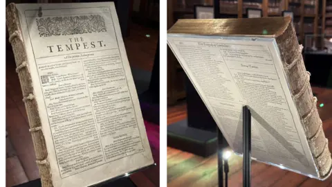 A composite of the front and back pages of the book on its display stand. The front is the opening page of The Tempest, the rear is a page of Cymbeline.