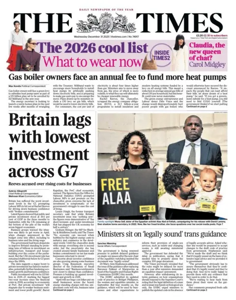 The headline on the front page of the Times reads: "Britain lags with lowest investment across G7."