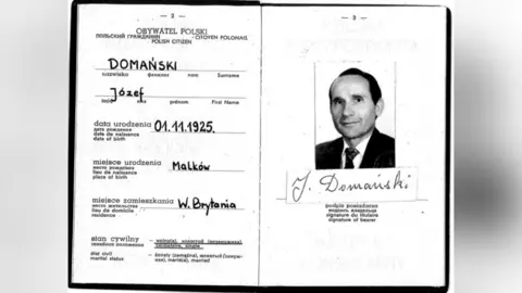 Meerkat PR A black and white photocopy of Domanski's UK-issued Polish passport from 1981. A photograph of him shows him with black swept back hair, clean shaven and wearing a suit and tie.