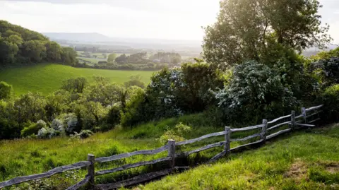 Picture shows a section of the South Downs at near sunset with an old rustic wooden fence leading the eye into the frame. Taken in springtime, near Brighton, East Sussex, UK.