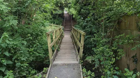 Andrew Abbott A wooden bridge surrounded by green undergrowth and trees. A path with handrails continues into the distance, and a wooden fence sits to the right.