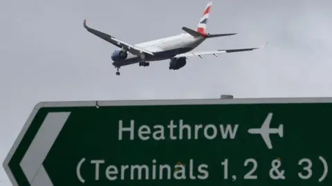 A British Airways aircraft approaches Heathrow Airport for landing above a green road sign pointing to Heathrow terminals, photographed under a grey overcast sky.