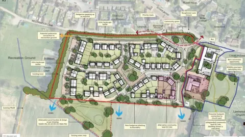 Thrive Architects A digital artist's impression of plans for 40 homes on land in the Somerset countryside. The plans include houses, several roads and trees.