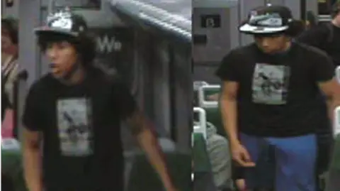 Two images of a man wearing a dark top and a cap on a train
