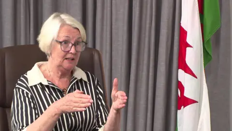 Siân Gwenllian seated in a brown leather chair. She has short, light-coloured hair and is wearing glasses with rounded frames. She is dressed in a collared top with black-and-white vertical stripes and a light-coloured collar and is holding both hands raised in front of her. The Welsh flag stands upright on what appears to be a flagpole to her left-hand side.