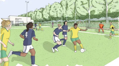 A cartoon image of people playing football on a pitch. They are wearing uniform 