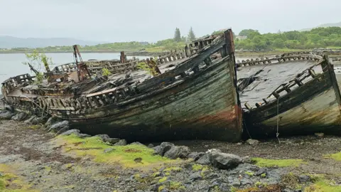 VICTOR TREGUBOV Two wooden boats lying off to one side on dry ground next to open water. The boats are in a poor state of repair with no masts and foliage growing out of some areas. 