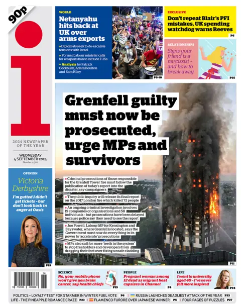 The heading in the i reads: "Grenfell must be prosecuted now, MPs and survivors urge". 