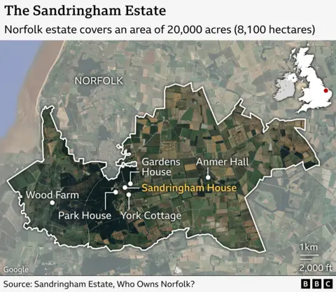 Map of the Sandringham estate in Norfolk, England, covering 20,000 acres (8,100 hectares). The estate boundary is outlined, showing key locations: Sandringham House at the centre, Gardens House nearby, Anmer Hall to the northeast, and Wood Farm, Park House and York Cottage to the west. A small inset map highlights the estate’s position in the southeast of the UK.