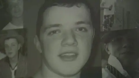 Family photo A black and white headshot of Kristian, smiling at the camera. There is a montage of other photos of him in the background. 