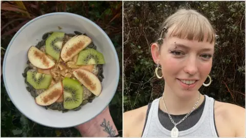 Composite image: One of a hand holding a bowl of porridge topped with seeds, apple and kiwi, the other of a woman with various piercings and a short fringe, smiling