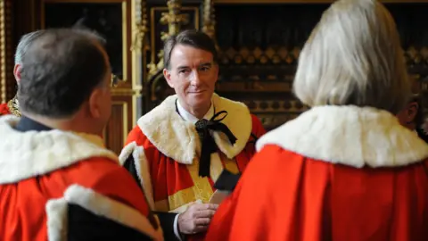 PA Media Peter Madelson in 2008 wearing the House of Lords robes shortly before taking his seat in the chamber.