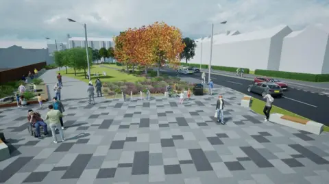 Glasgow City Council stylised visualisation of large chequered paved area with pedestrians, seating and road with traffic in background