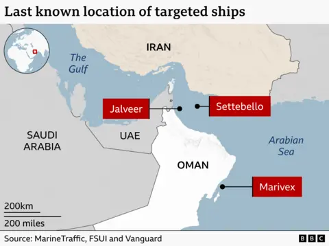 A map showing the last known location of the targeted ships