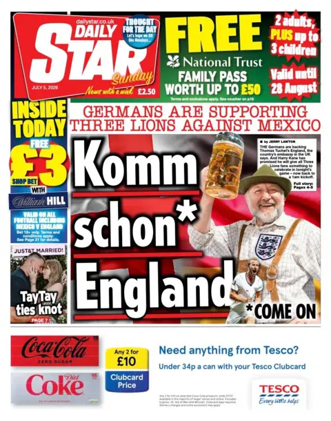 The headline on the front page of the Daily Star reads: “Komm schon* England”.