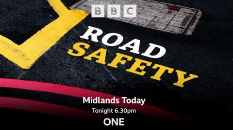 Artwork promoting Midlands Today's special programme on road safety. It reads 'road safety' in capital letters, white and yellow. Midlands Today, tonight 6.30pm