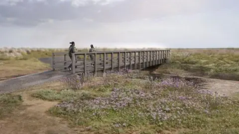 A digital design of the new wooden bridge with two people crossing with wildflowers and grasses in the foreground.