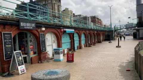 Red brick arches under Brighton promenade. There are shops in some of the arches and light blue handrails on the promenade.