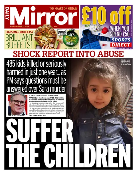  "Suffer the children". It appears alongside an image of Sara Sharif, whose father and stepmother have been convicted of her murder. 