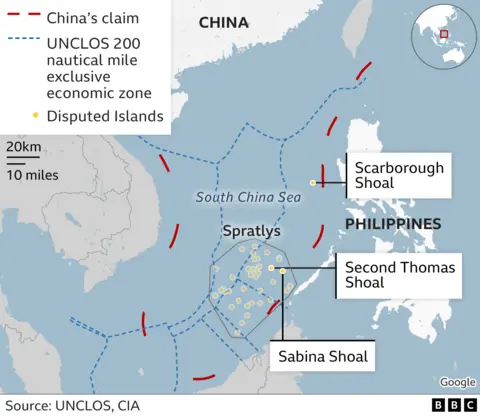 Map of Sabina Shoal in relation to China and Philippines